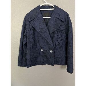 J. Crew Collection SILK BLAZER Sz 8 Blue Lace Lazer Cut Flowers Double Breasted‎